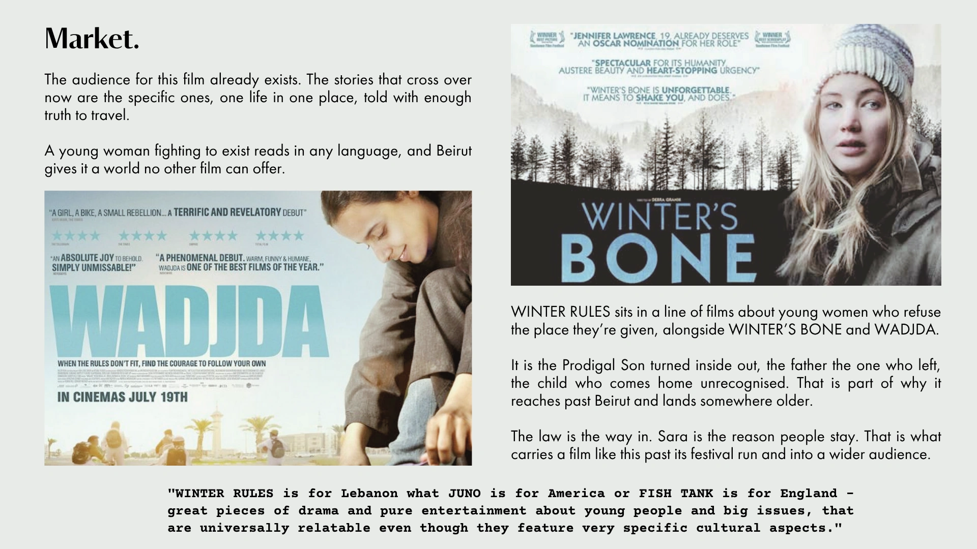 Market. The audience for this film already exists, alongside WINTER'S BONE and WADJDA. WINTER RULES is for Lebanon what JUNO is for America or FISH TANK is for England, alongside PERSEPOLIS.